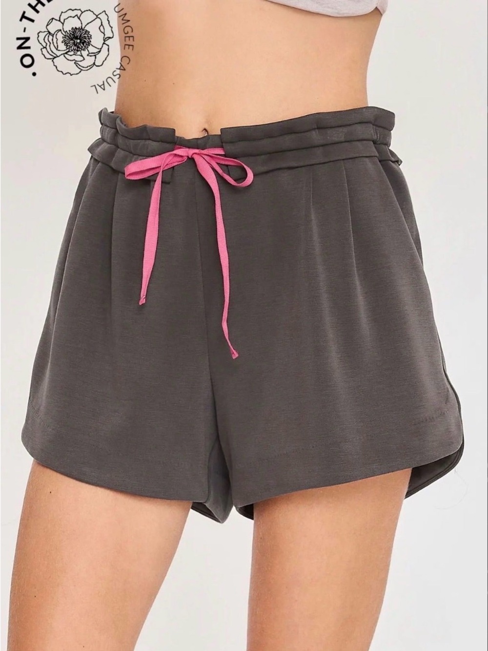 Umgee Gray Athletic Paperbag Shorts with Pink Drawstring